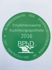 Auszeichnung des BPhD e.V. als empfehlenswerte Ausbildungsapotheke